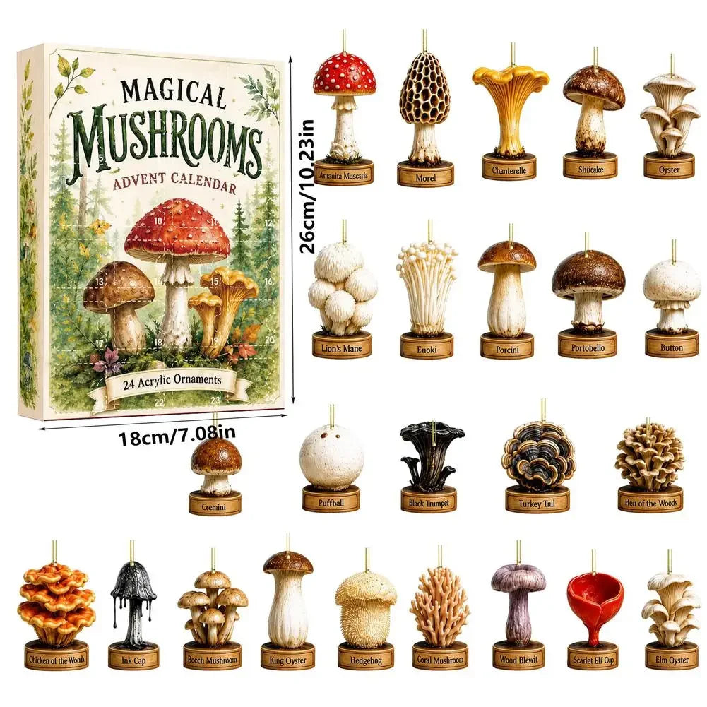 Holiday Charm Collection Box with 24 Surprise Acrylic Ornaments | Daily Reveal Calendar with Retro Mushroom Design Keychains for Christmas | Thomler