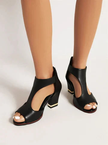 Women's Block Heel Strappy Sandals Open Toe Cutout Design Zip-Back for Summer Weddings Black Pink White Red Beige Sizes US 5-10 | Thomler