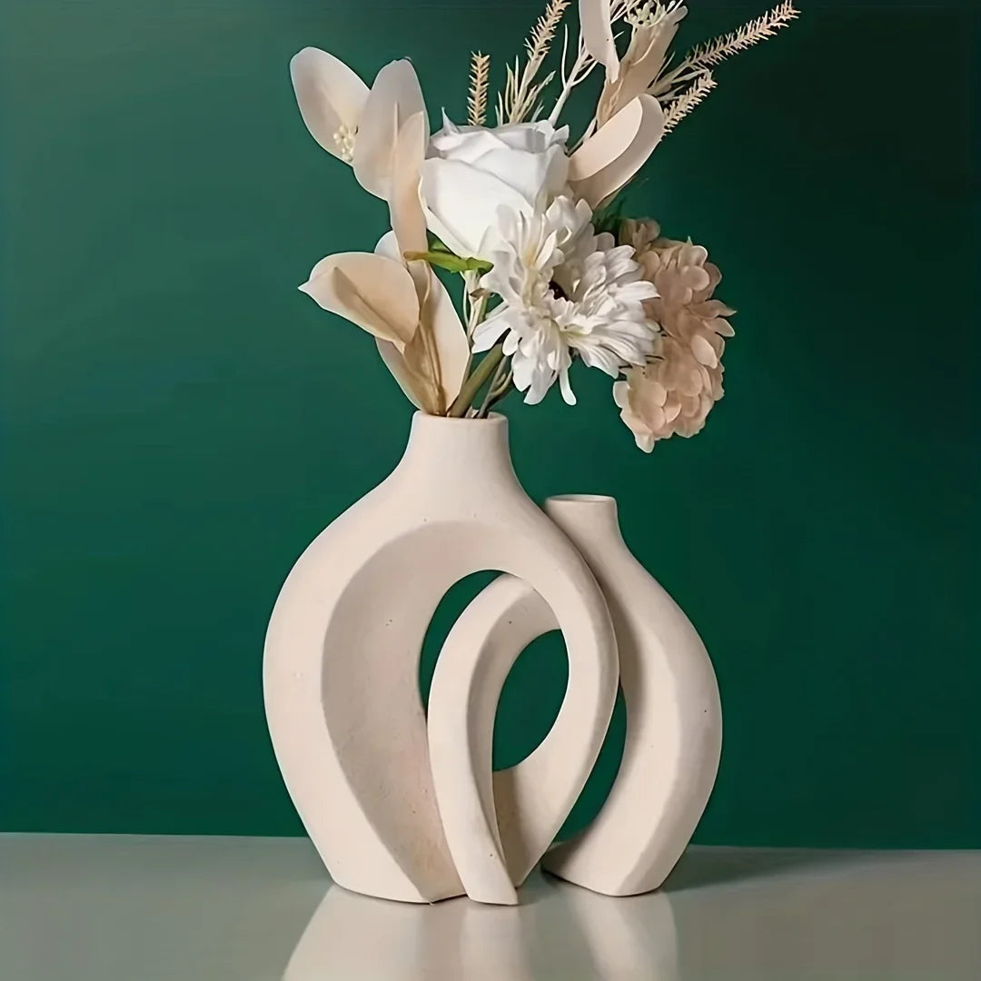 Ceramic Vase Porcelain Set Of 2 White Boho Living Room Table Decor Minimalist Scandinavian Home Accent | Thomler