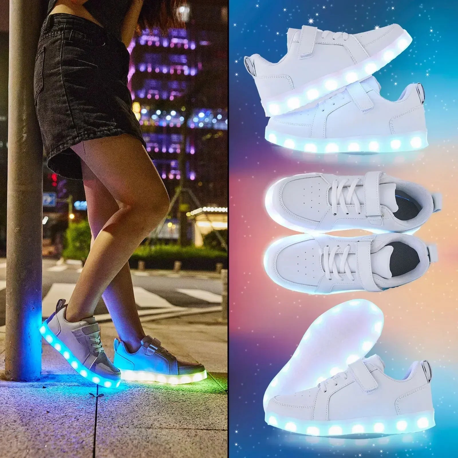 Childrens Trainers Synthetic Rubber LED Light Up Velcro Pink Daily School Play Sneakers Multiple Light Modes | Thomler