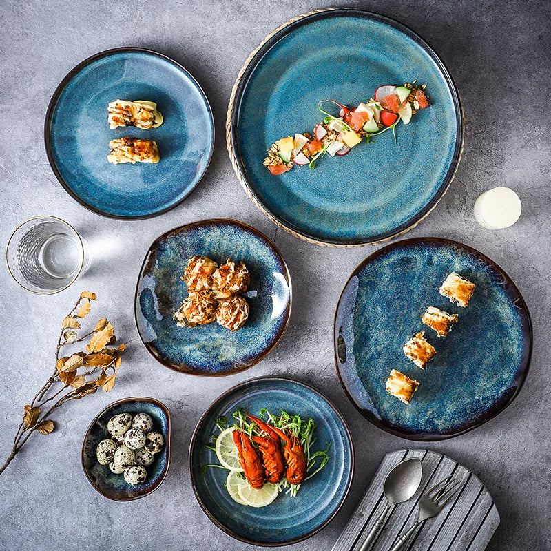Dinnerware Set Porcelain 11-Piece Turquoise 10.5 in Plates Coastal Dining Tableware Service for Family Meals Entertaining | Thomler