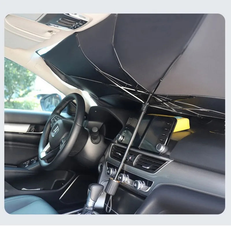 Foldable Windshield Sun Shade for Car | Umbrella Style Heat Blocker with UV Protection | Quick Deploy Reflective Sunshade for Front Window | Thomler