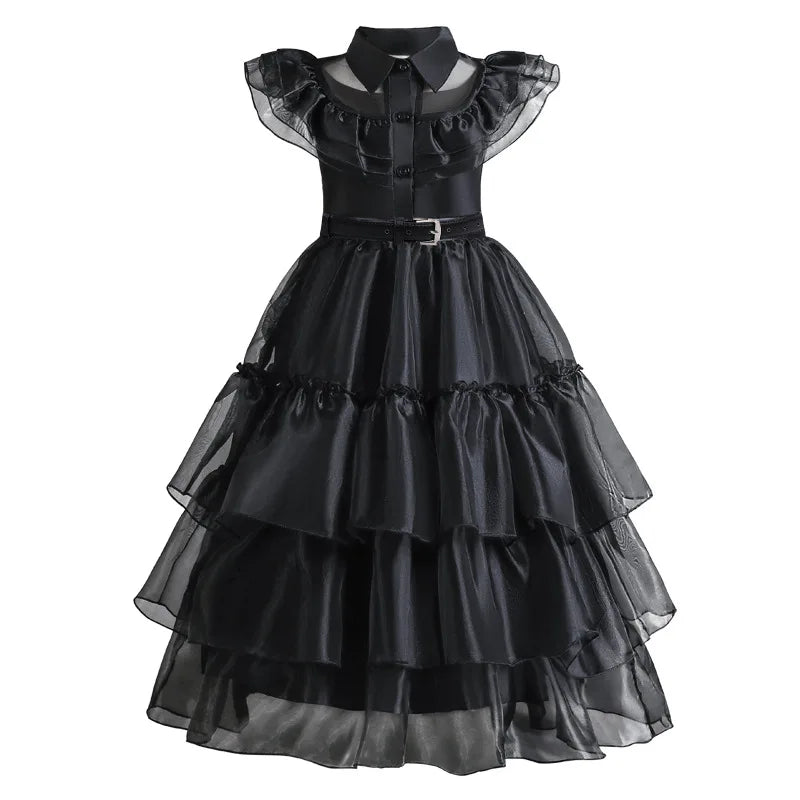 Girls Gothic Tiered Dress with Lace Panel Sleeves – Mid-Calf Costume for Halloween & Parties | Thomler