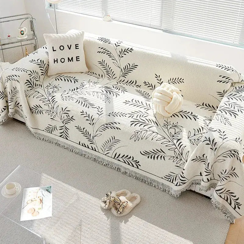 Chenille Jacquard Leaf Sofa Throw Blanket with Non-Slip Backing | Scratch-Resistant Textured Furniture Cover for Couch Protection | Thomler