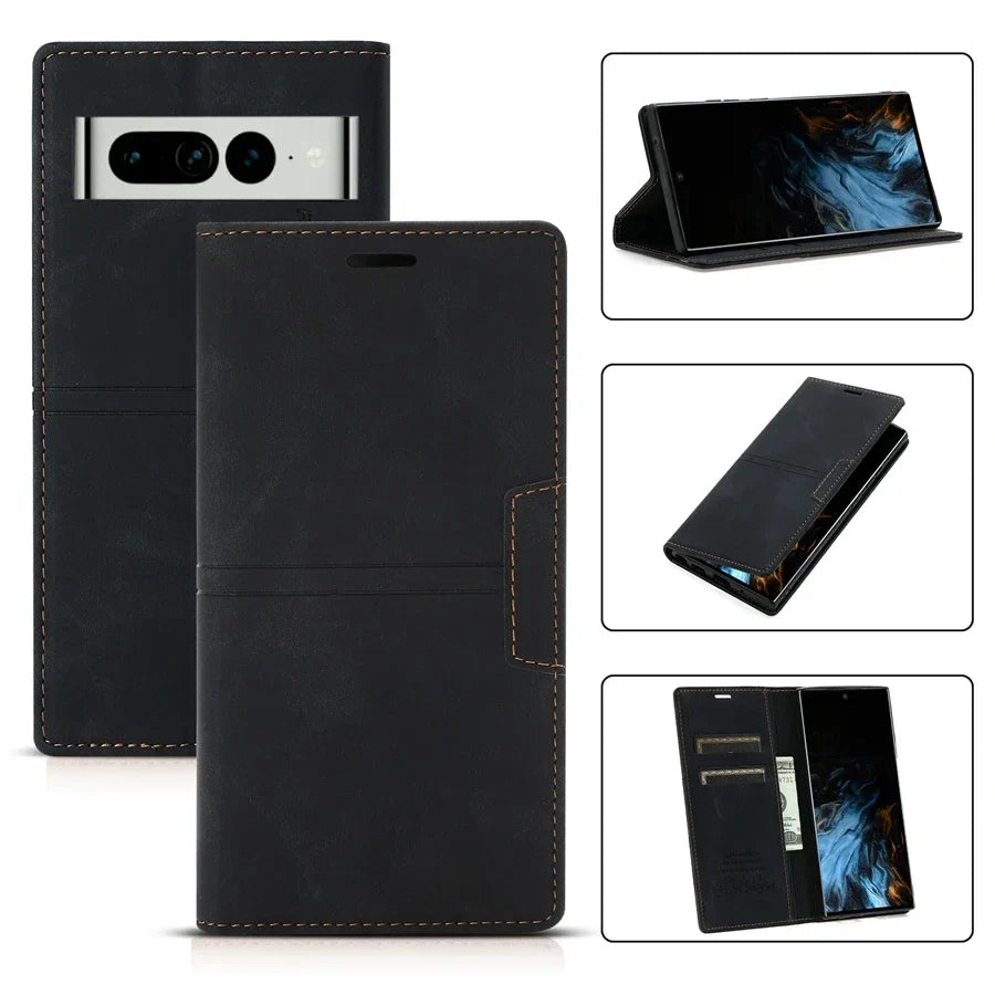 Leather Flip Wallet Case for Google Pixel | Magnetic Folio Phone Cover with Card Slots & Kickstand | Thomler