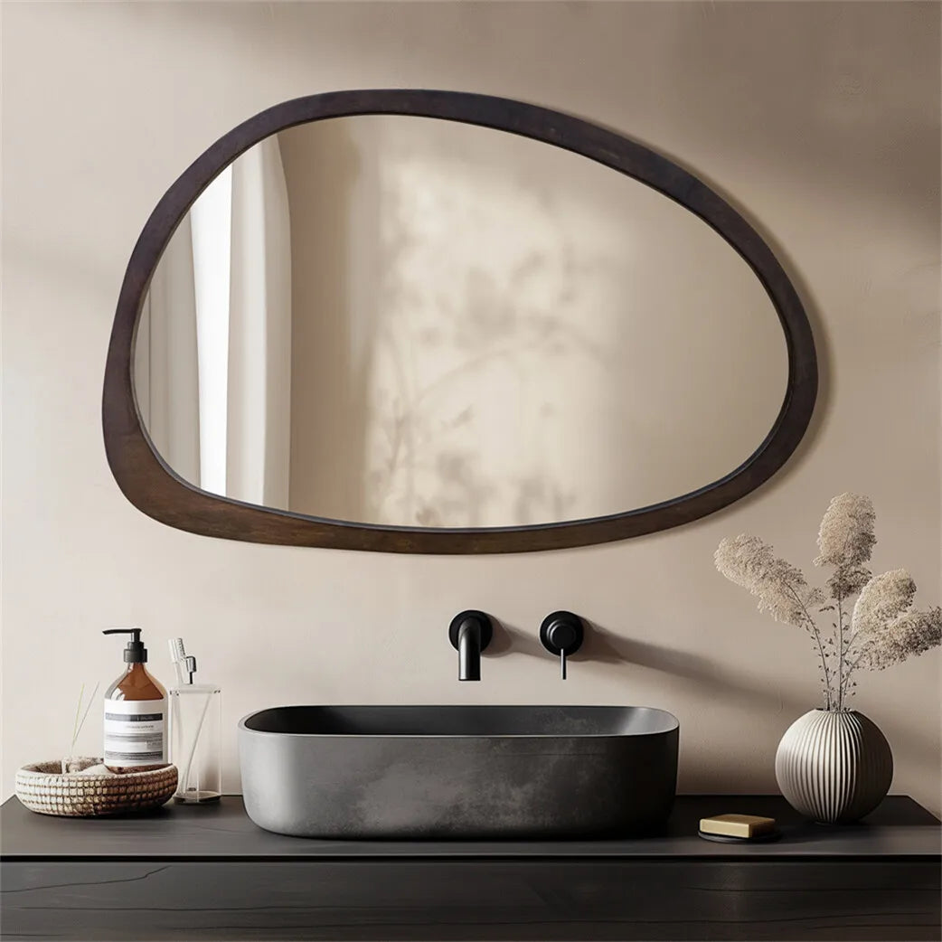 Wall Mirror Rubberwood 50.0 cm x 70.0 cm Black Walnut Japandi Bedroom Hallway Organic Asymmetrical Decorative Mirror | Thomler