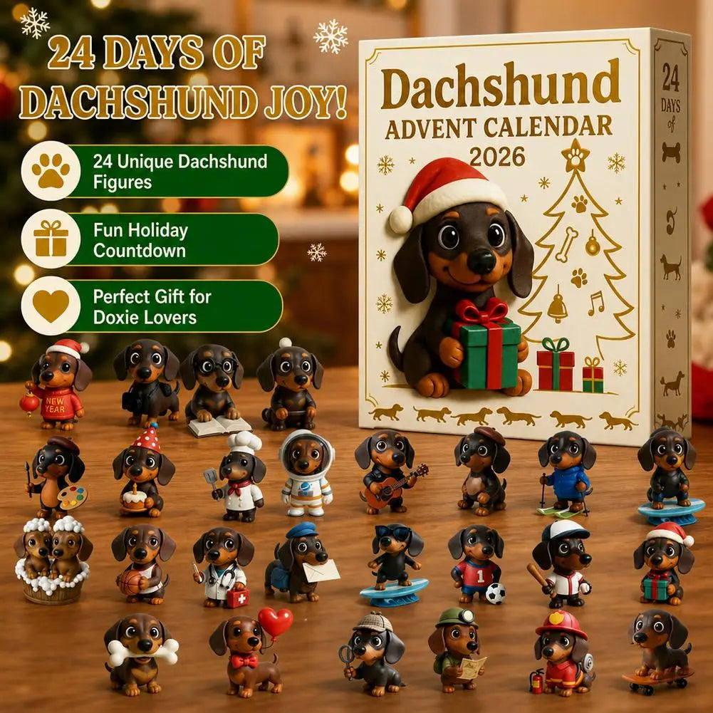 24-Day Wiener Dog Figurine Countdown Set for December Celebrations – Holiday Mantel Display with Miniature Brown Dachshund Collectibles | Thomler
