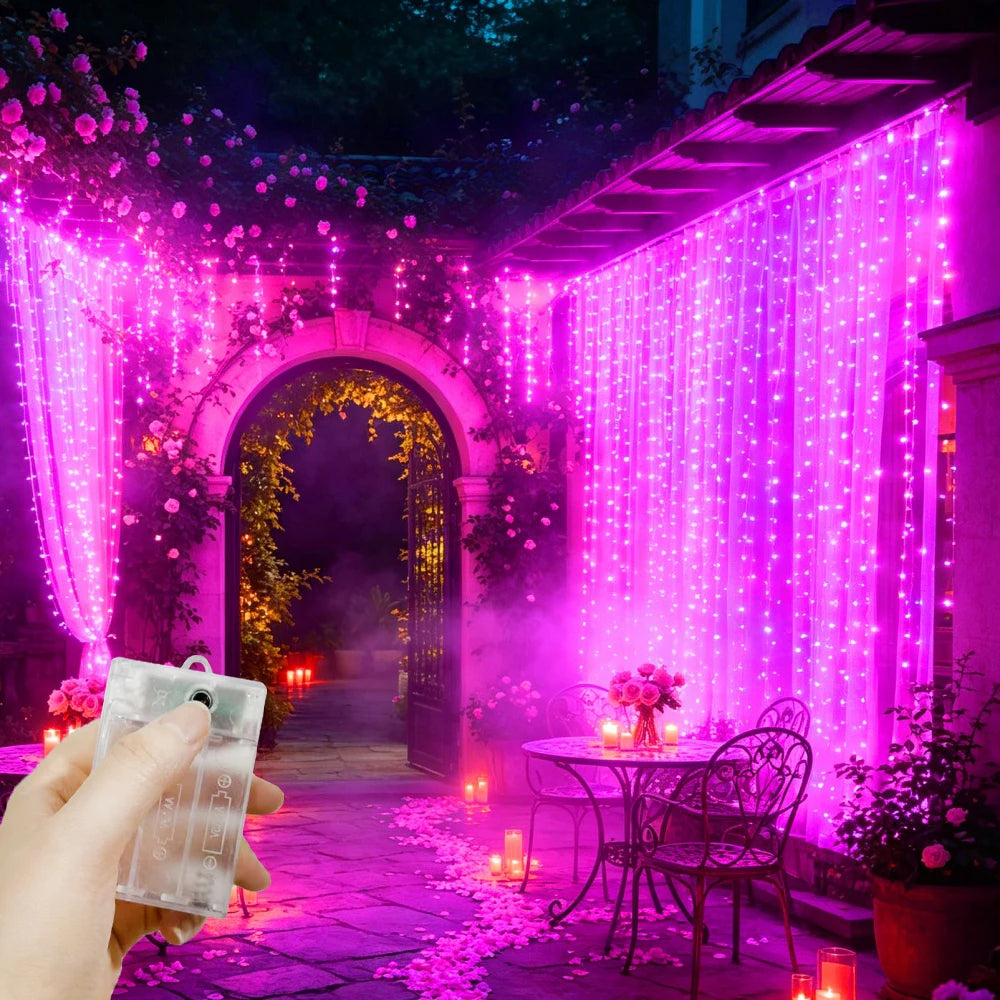 Battery-Powered LED Curtain Lights – 8 Flashing Modes, Waterfall String Lights for Bedroom, Living Room, Wedding Backdrop & Holiday Decor | Thomler