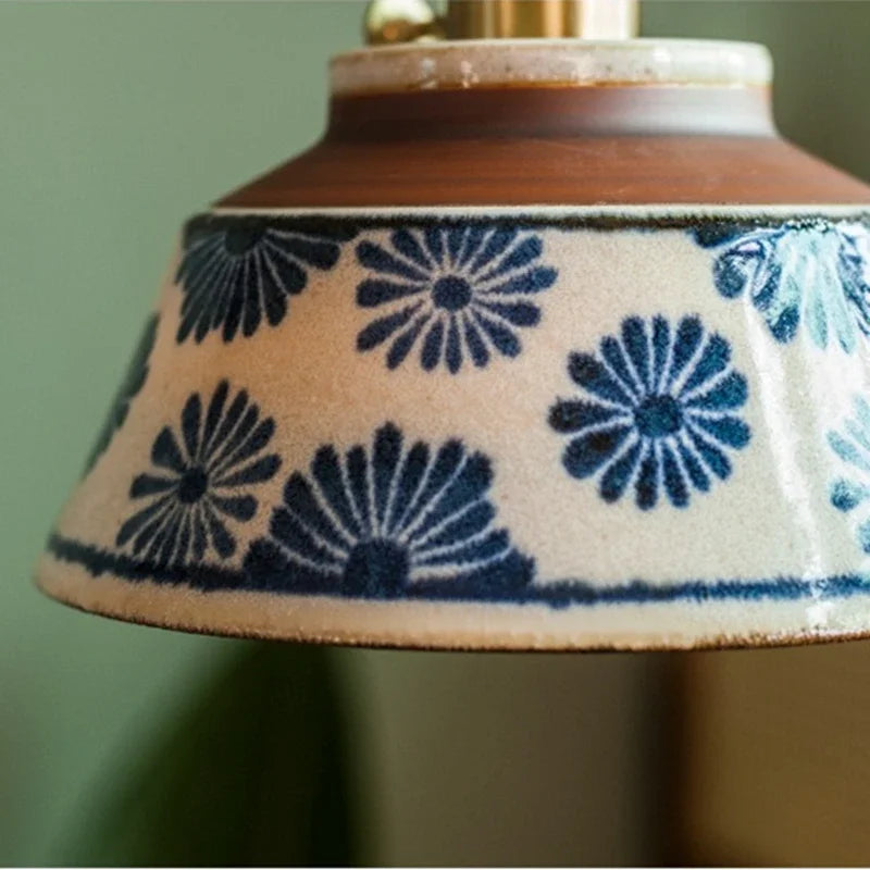 Ceramic Hanging Light Fixture with Unique Floral Designs for Kitchen, Dining Room, Cafe | Artisan Crafted Copper Hardware Pendant Lamp | Thomler