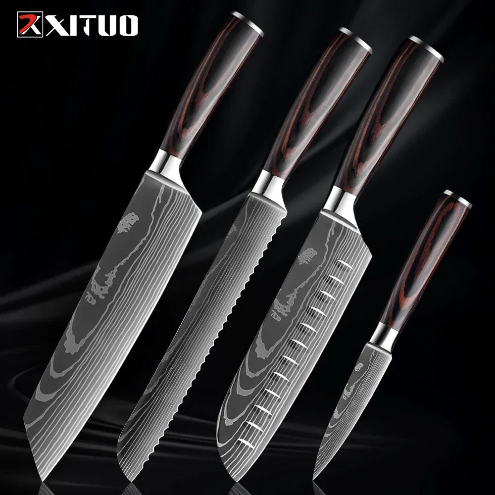 Professional Damascus-Pattern Chef's Blade Set – Hardened Steel Cutlery with Pakkawood Handles – Complete 1-9 Pc Cooking Knife Assortment | Thomler