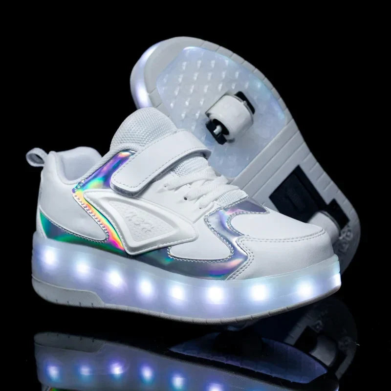 Wheeled Shoes Synthetic LED Light Up Pink Children Outdoor Play Roller Sneakers Velcro Everyday Party Footwear | Thomler