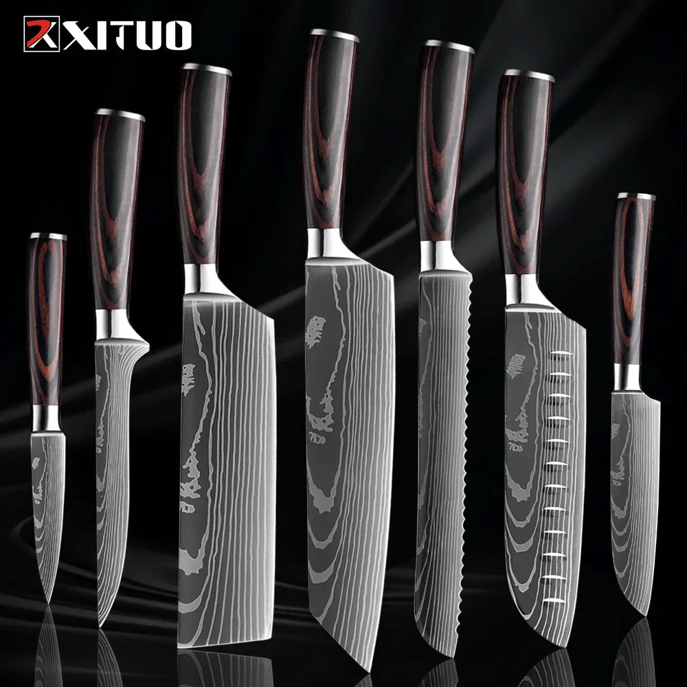 Professional Damascus-Pattern Chef's Blade Set – Hardened Steel Cutlery with Pakkawood Handles – Complete 1-9 Pc Cooking Knife Assortment | Thomler