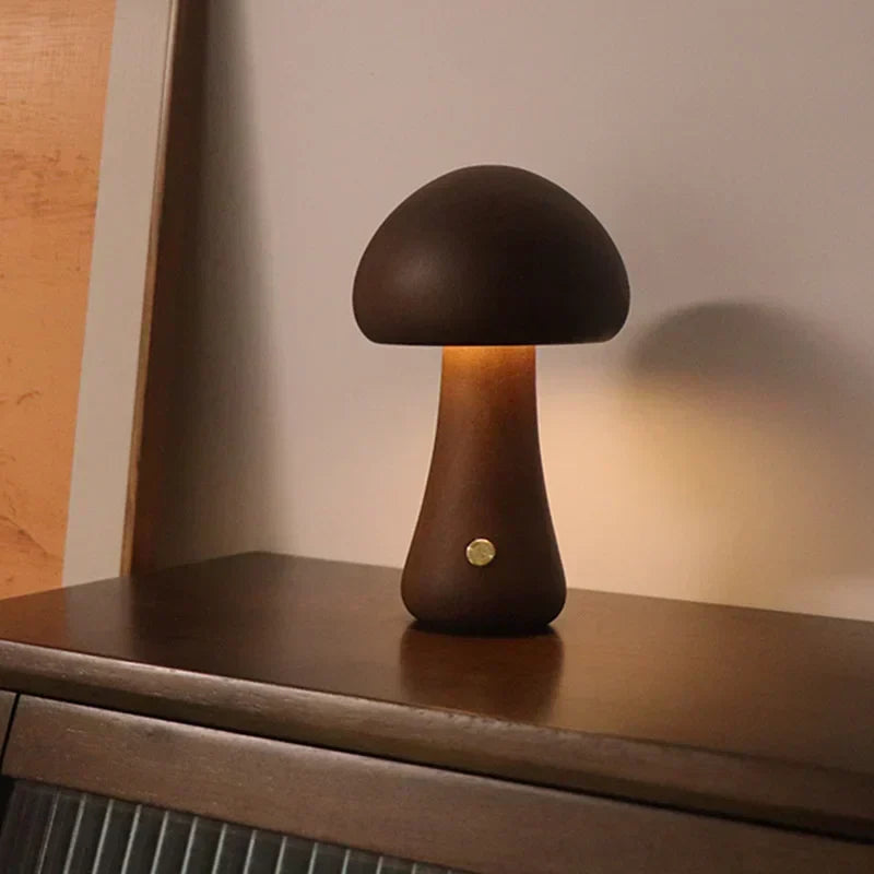 Rechargeable LED Mushroom Night Light with Touch Dimmer for Bedside, Nursery & Kids Room | Cordless Wooden Lamp | Thomler