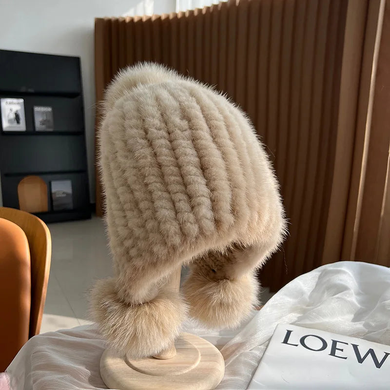 Knitted Real Fur Beanie with Fox Pom-Pom – Luxe Winter Hat for Women | Thomler