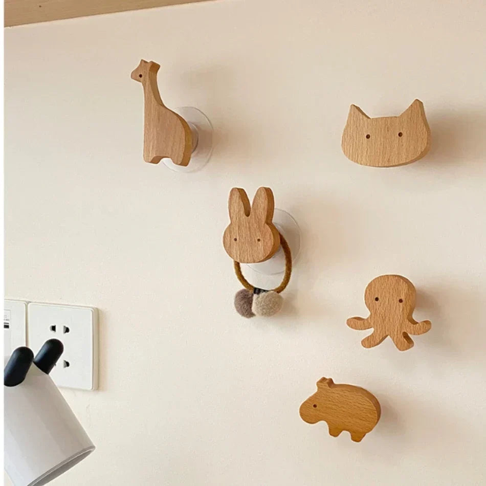 Wall Hooks Wooden Animal Self Adhesive Natural Kids Bedroom Nursery Coat Bag Holders Scandinavian Decor | Thomler