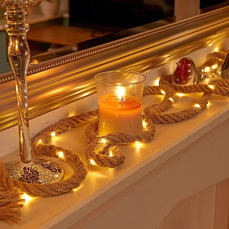 Rustic Hemp Rope LED String Lights Warm White Battery Powered Decorative Lighting for Living Room Bedroom Patio Garden Party Wedding | Thomler