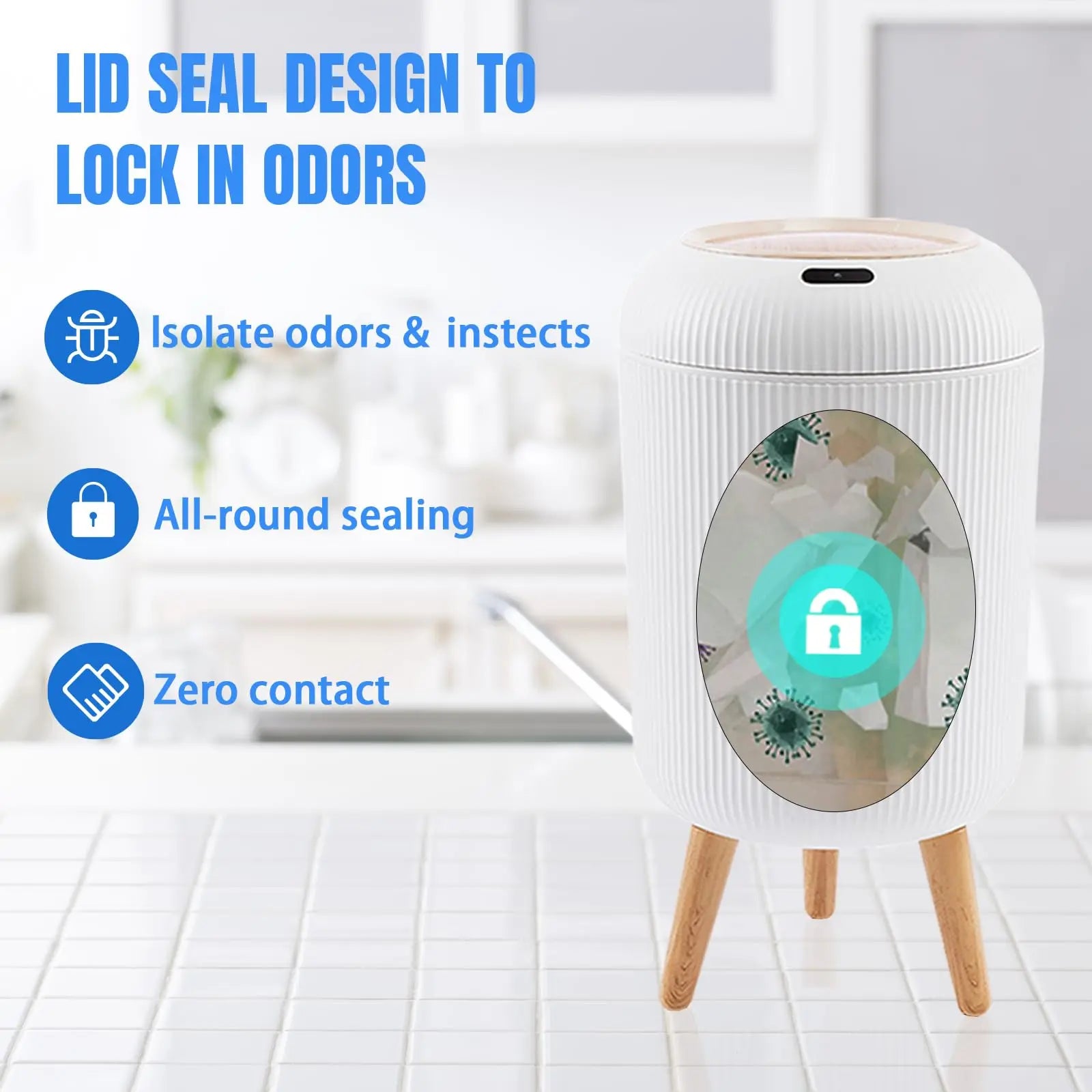 Trash Can Plastic 10.0 L Motion Sensor Wooden Legs Kitchen Bathroom Touchless Waste Bin Scandinavian Style | Thomler