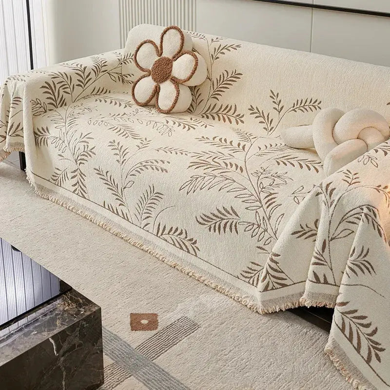 Chenille Jacquard Leaf Sofa Throw Blanket with Non-Slip Backing | Scratch-Resistant Textured Furniture Cover for Couch Protection | Thomler