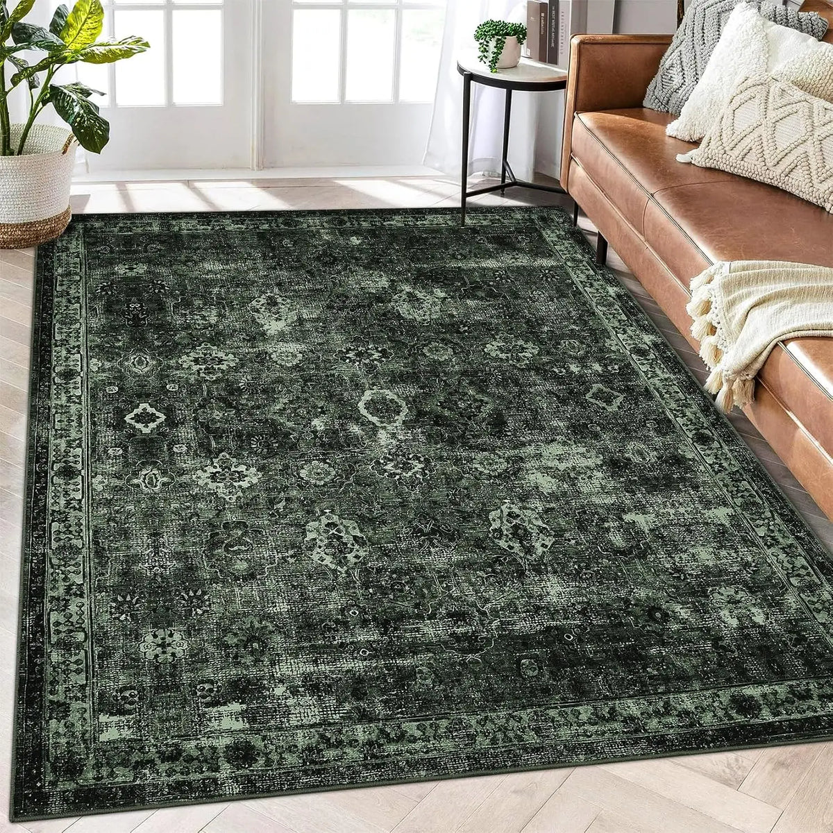 Non-Slip Vintage Area Rug for Entry, Kitchen, Bedroom | Gray Short Pile Washable Runner | Thomler