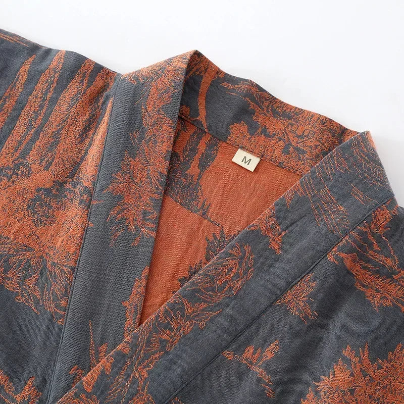 Cotton Kimono Robe for Men – Lightweight Printed Spa Wrap with V-Neck & Tie Belt for Lounge, Bath & Sauna | Thomler