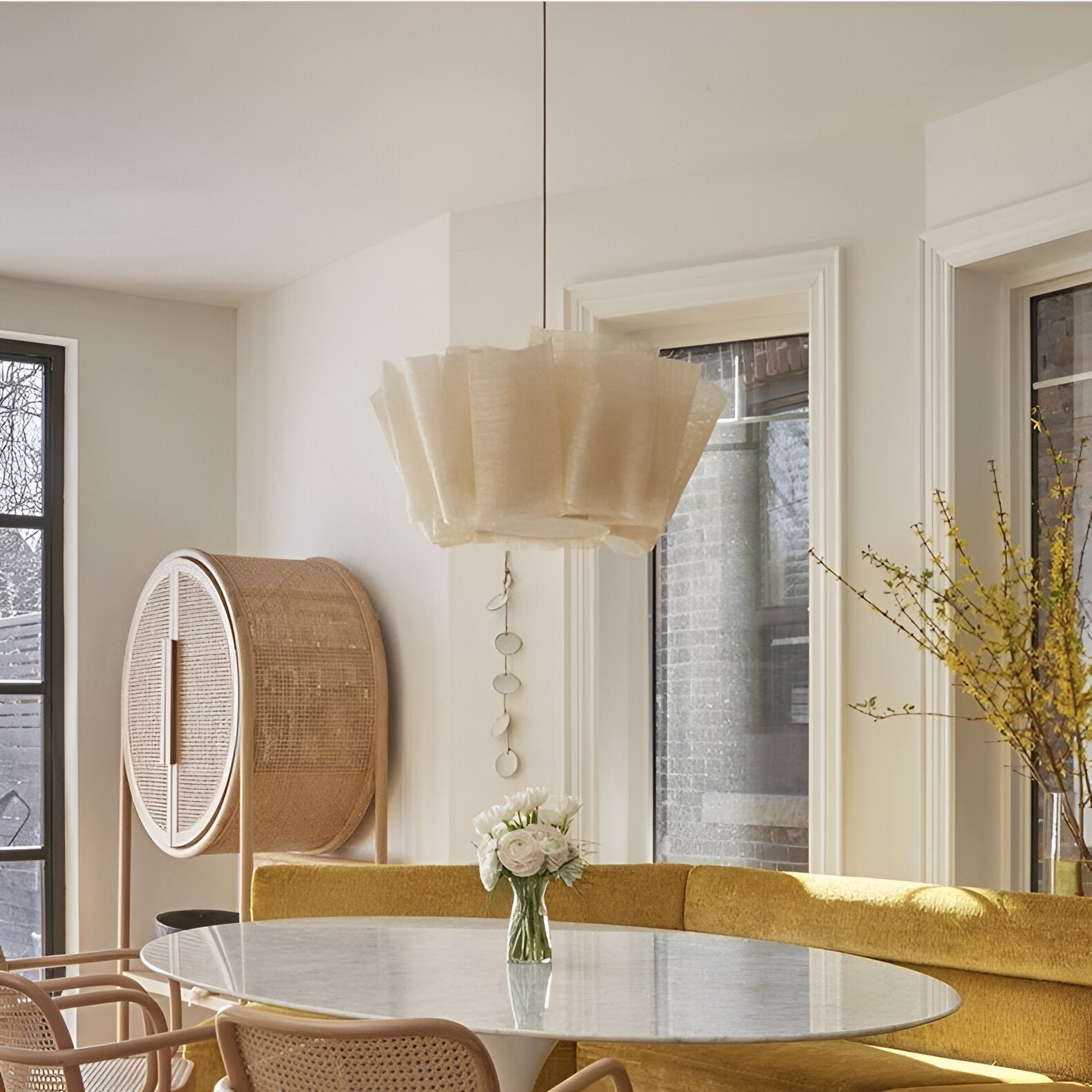 Pendant Light Fabric Pleated Shade 15.7 in Warm Cream Dining Room Kitchen Island Hanging Ceiling Lamp Scandinavian Japanese Style | Thomler