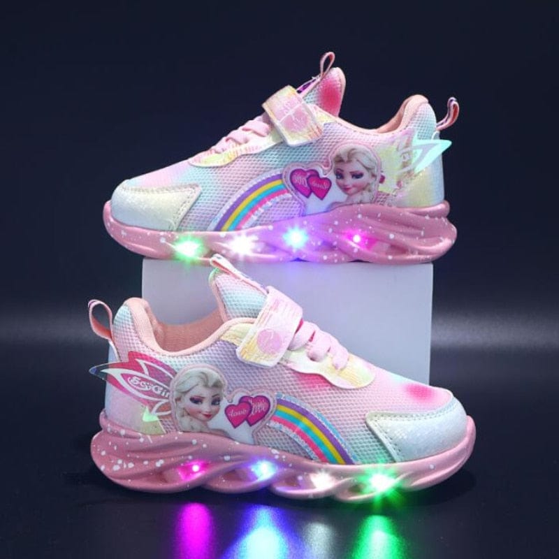 Kids Trainers Mesh LED Sole Pink Rainbow Velcro Everyday School Play Glitter Light Up Sneakers | Thomler