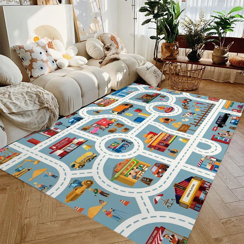 Play Rug Flannel 120.0 x 160.0 cm Car Road Theme Kids Playroom Bedroom Non Slip Washable Mat | Thomler
