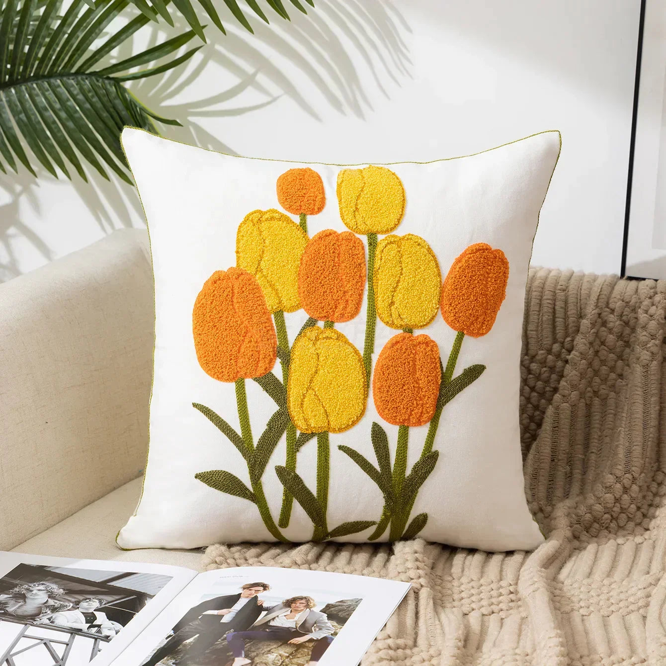 Cushion Cover Cotton Canvas 45.0 cm Floral Embroidered White Sofa Bed Decorative Pillow Case Farmhouse Living Room Accent | Thomler