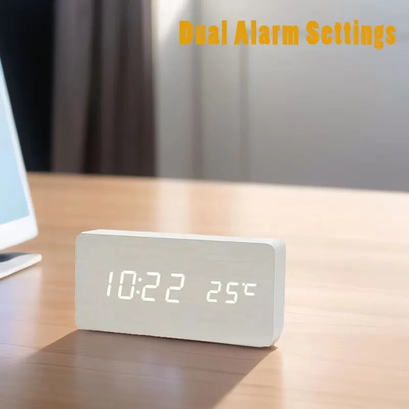 Alarm Clock Wood Look LED Display USB Powered Bedroom Desk Temperature Clock 12 24 Hour Adjustable Brightness Triple Alarm | Thomler
