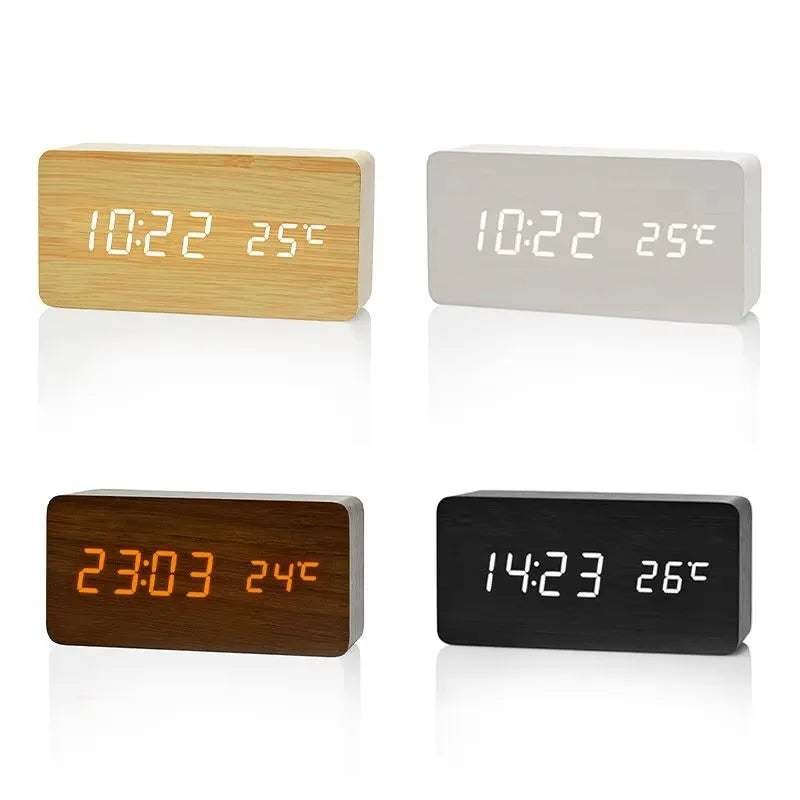 Alarm Clock Wood Look LED Display USB Powered Bedroom Desk Temperature Clock 12 24 Hour Adjustable Brightness Triple Alarm | Thomler