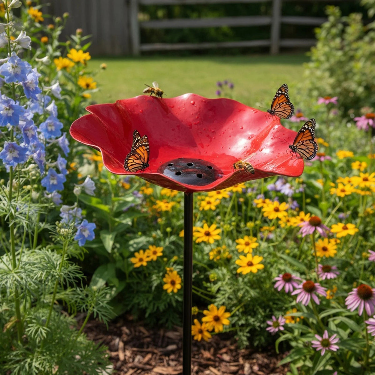 Metal Flower Stake Bird Bath for Garden, Yard & Patio – Decorative Pollinator Watering Station in 6 Colors | Thomler
