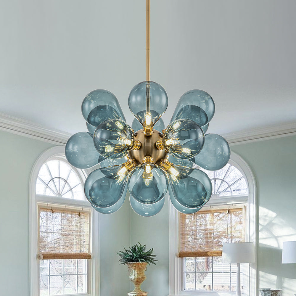 18-Light Glass Globe Ceiling Chandelier Blue Orb Sputnik Design Gold Frame Adjustable Height Hardwired for Dining Room Foyer | Thomler