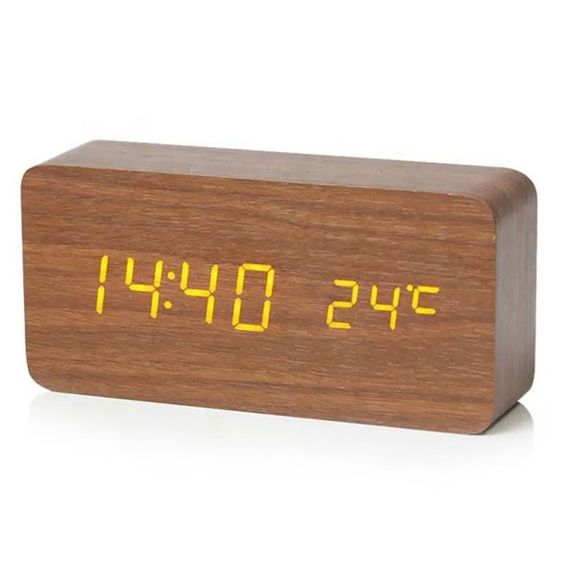 Wood Grain Digital Alarm Clock with LED Display – Silent No-Tick Design for Bedroom, Nightstand & Desk – Battery or USB Powered Timepiece | Thomler