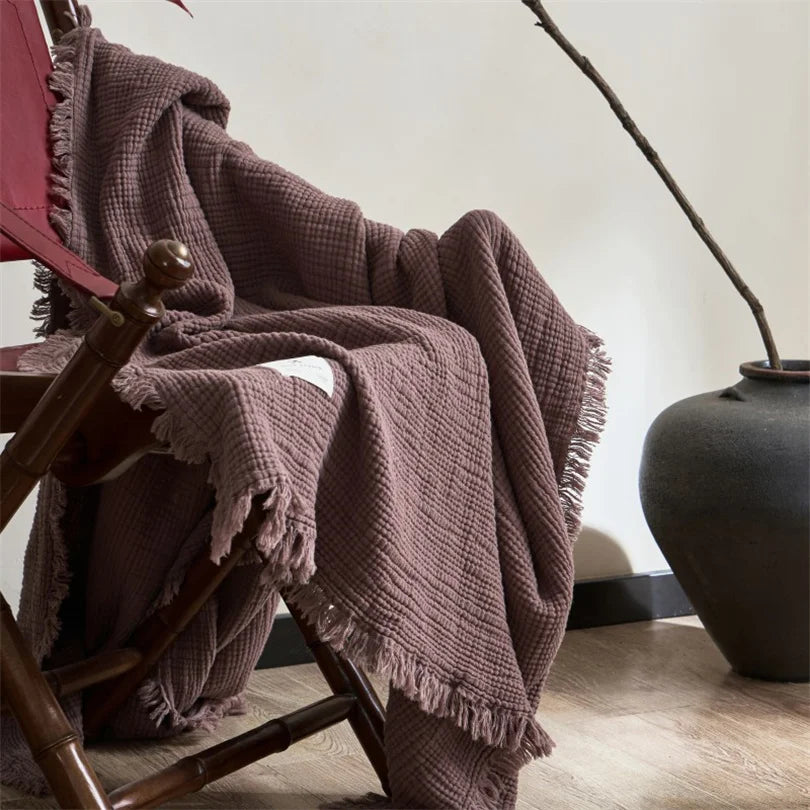 Premium Cotton Muslin Throw Blanket with Tassels – 6-Layer Gauze Weave for Couch, Bed, Office Naps & Decor | Thomler