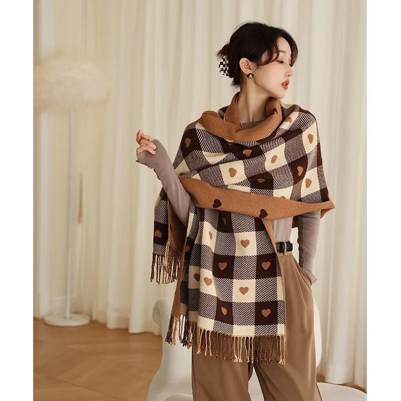 Oversized Plaid Blanket Scarf for Women – Thick Knitted Wrap with Heart Accent for Fall & Winter | Thomler