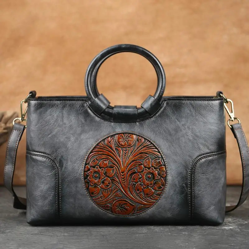 Embossed Leather Handbag for Women with Adjustable Strap and Multiple Compartments – Vintage-Inspired Shoulder Bag Purse | Thomler