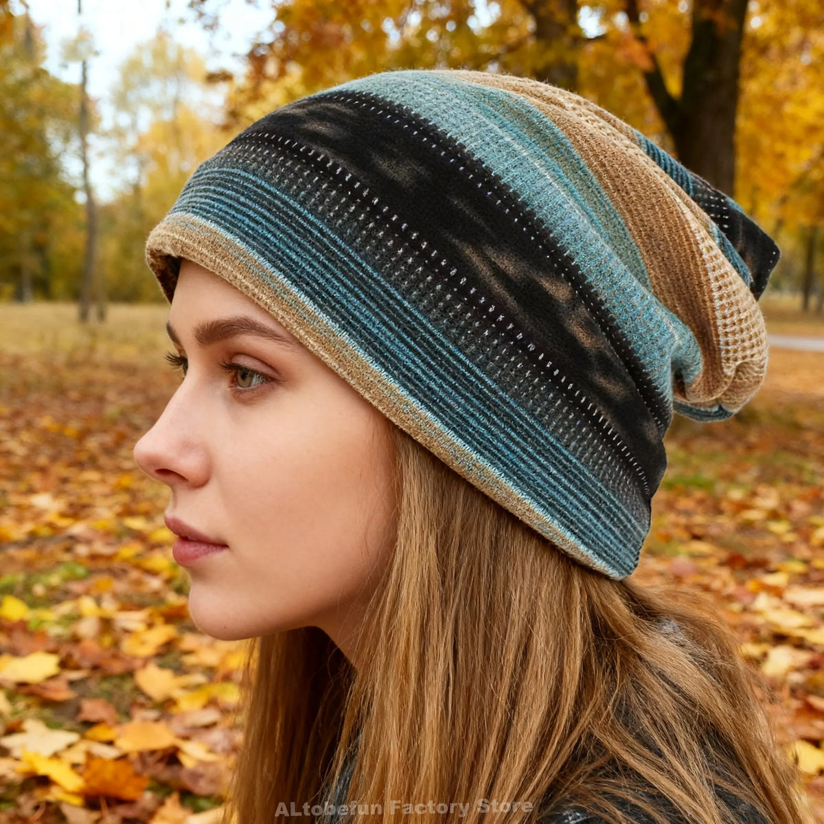 Reversible Lightweight Beanie Hat Striped Knit Cap & Scarf for Women Fall Winter Convertible Slouchy Headwear | Thomler