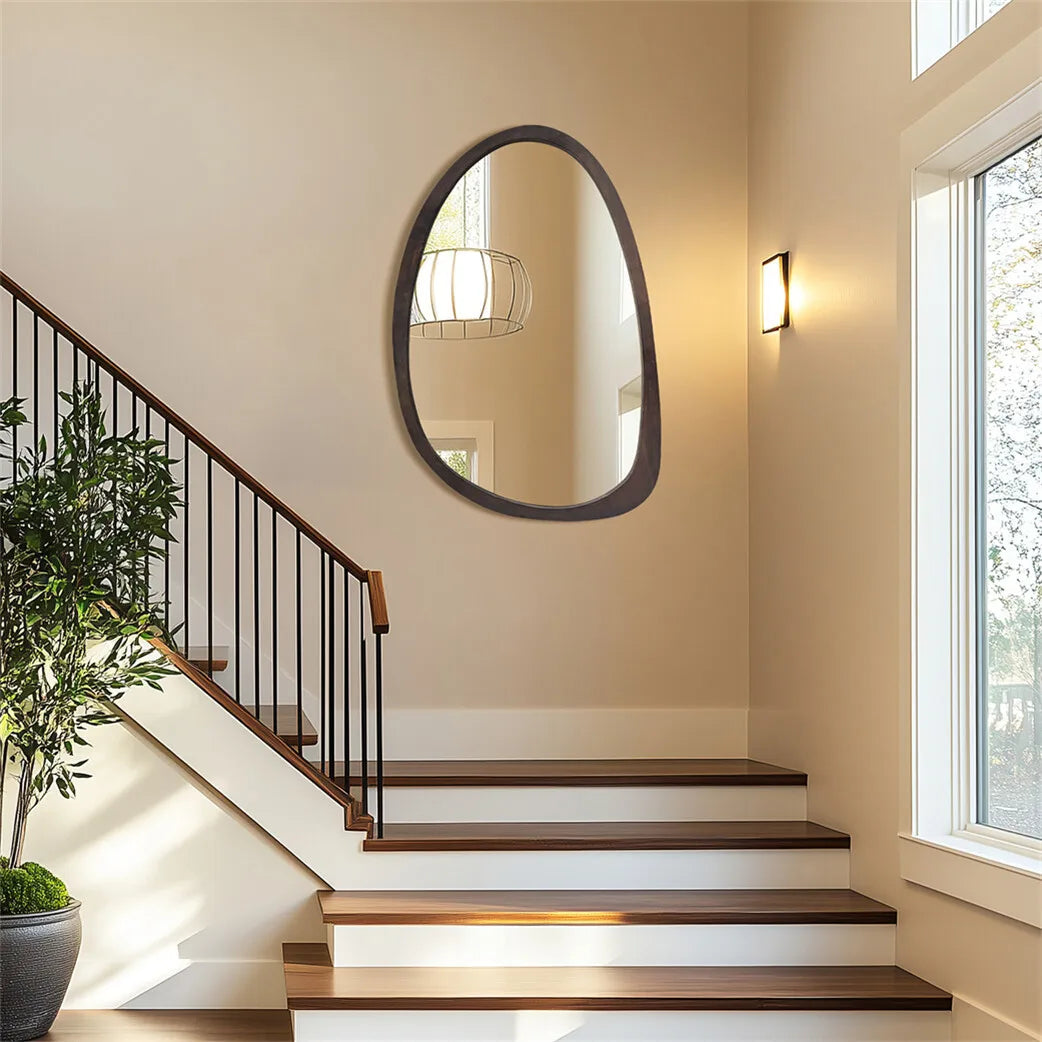 Wall Mirror Rubberwood 50.0 cm x 70.0 cm Black Walnut Japandi Bedroom Hallway Organic Asymmetrical Decorative Mirror | Thomler