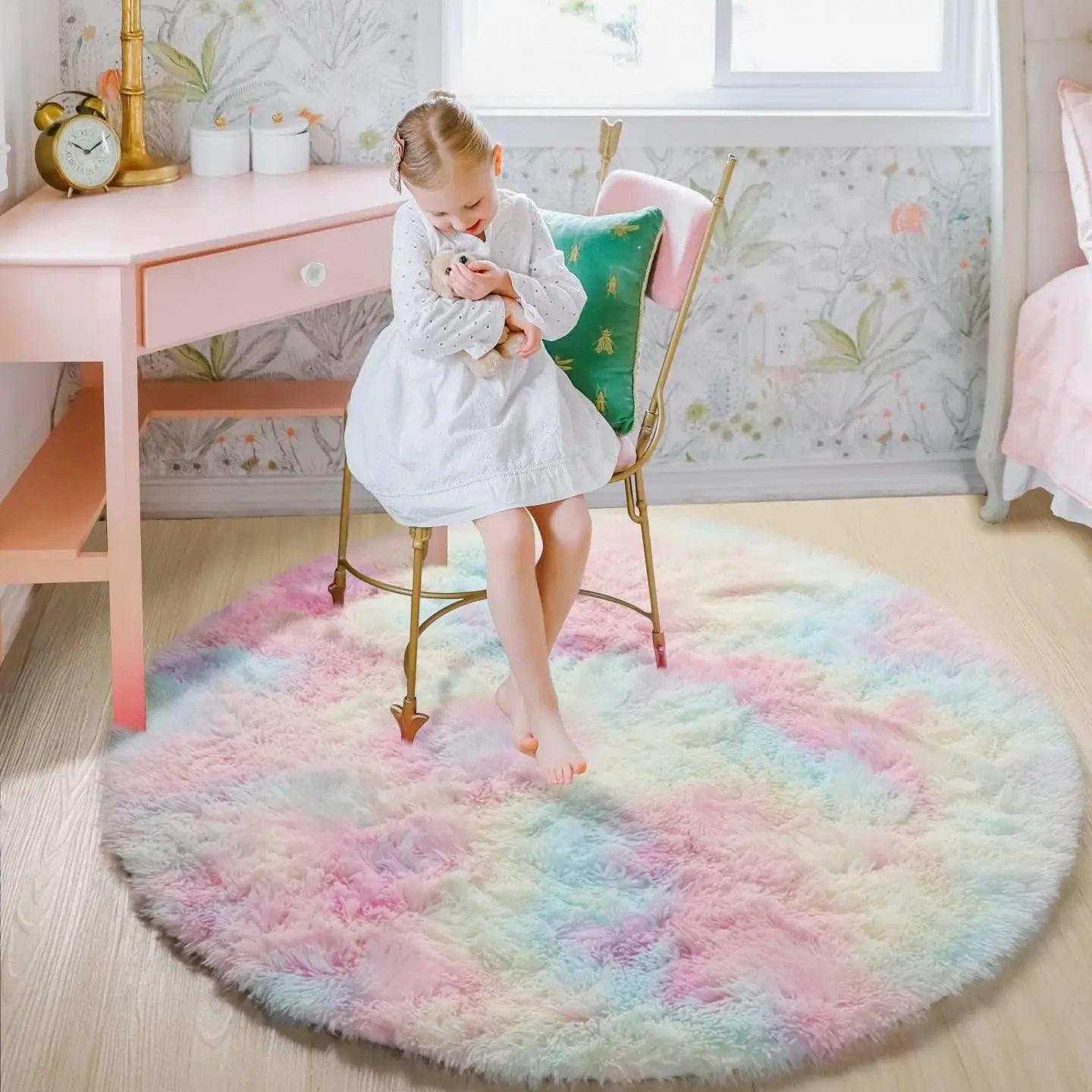Round Rug Polyester Microfibre 100.0 cm Pink Children Play Area Shaggy Nursery Floor Mat Non Slip Memory Foam | Thomler
