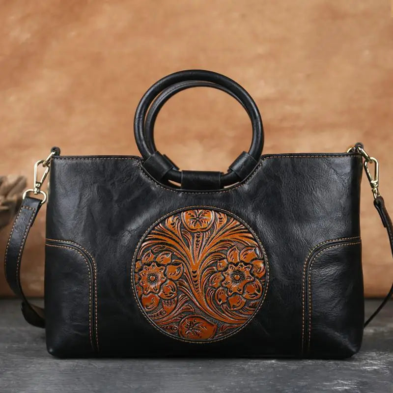Embossed Leather Handbag for Women with Adjustable Strap and Multiple Compartments – Vintage-Inspired Shoulder Bag Purse | Thomler