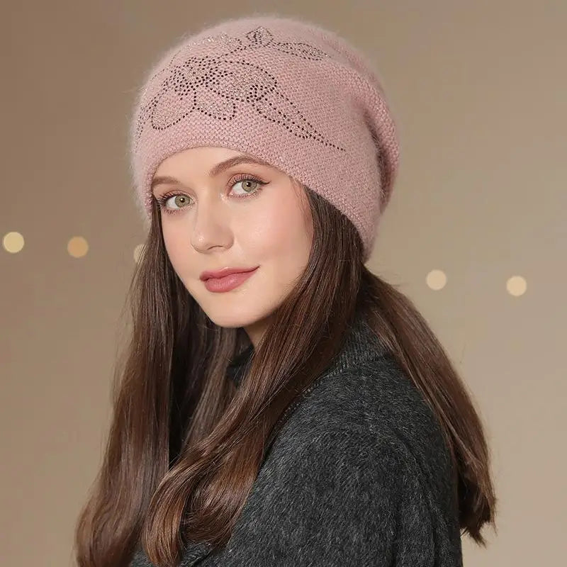 Women's Knit Beanie Hat with Floral Appliqué – Soft Acrylic & Fur-Blend Cap for Cold Weather | Thomler