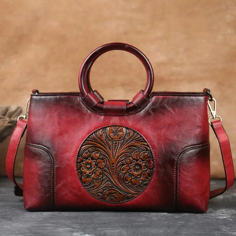 Embossed Leather Handbag for Women with Adjustable Strap and Multiple Compartments – Vintage-Inspired Shoulder Bag Purse | Thomler