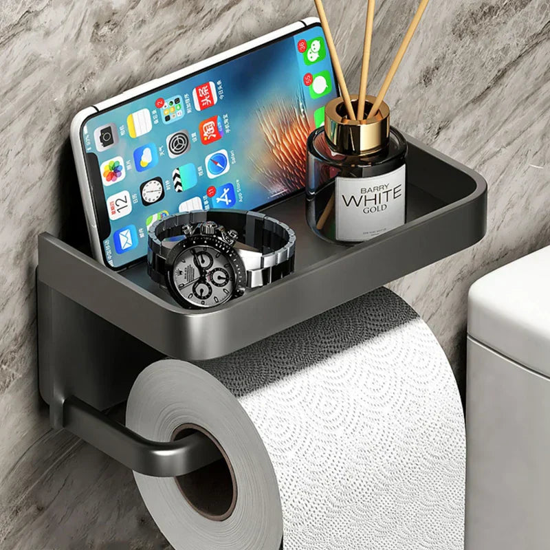 Toilet Roll Holder Aluminium 18.3 cm 7.2" Black Wall Mounted Bathroom Shelf Phone Storage Organiser | Thomler