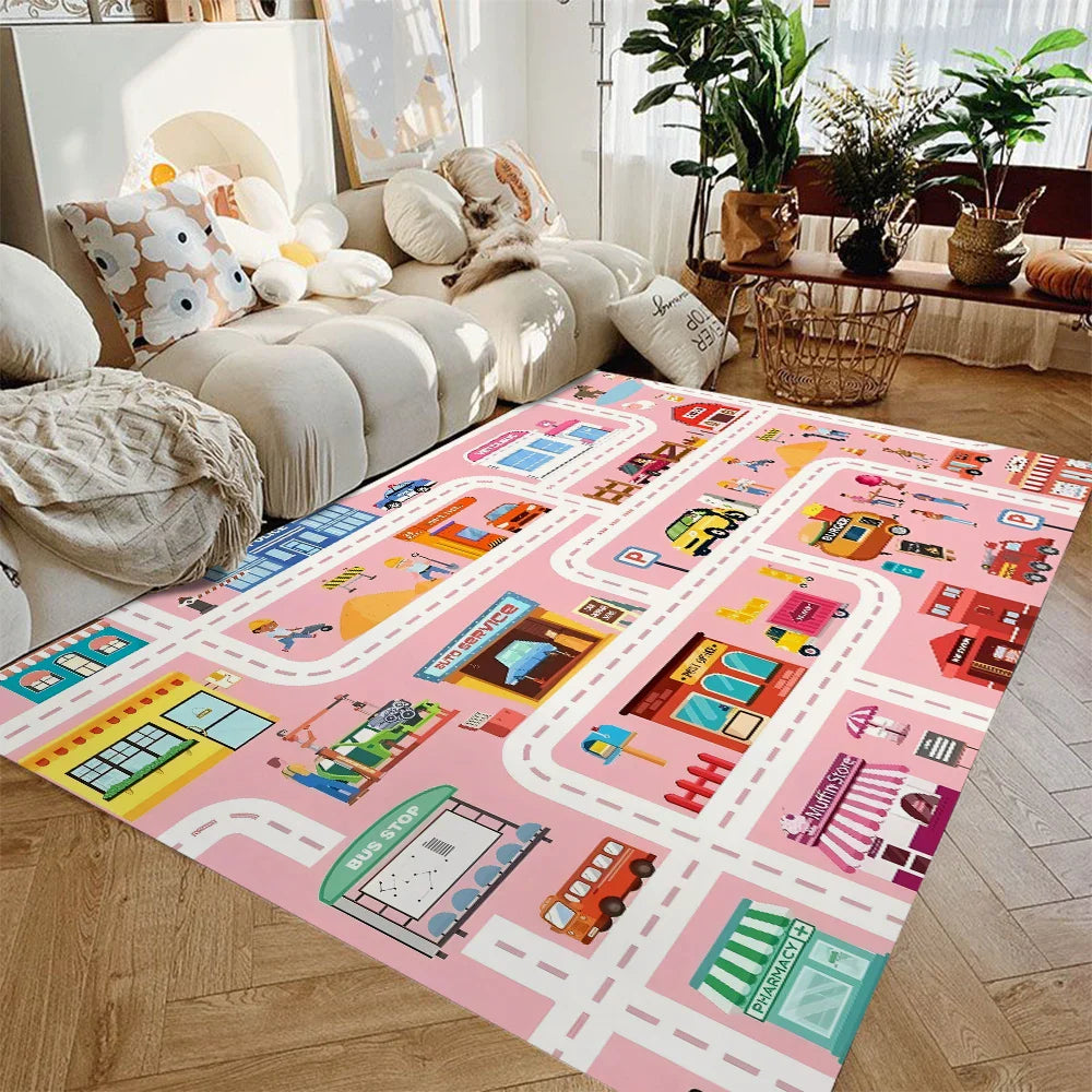 Play Rug Flannel 120.0 x 160.0 cm Car Road Theme Kids Playroom Bedroom Non Slip Washable Mat | Thomler