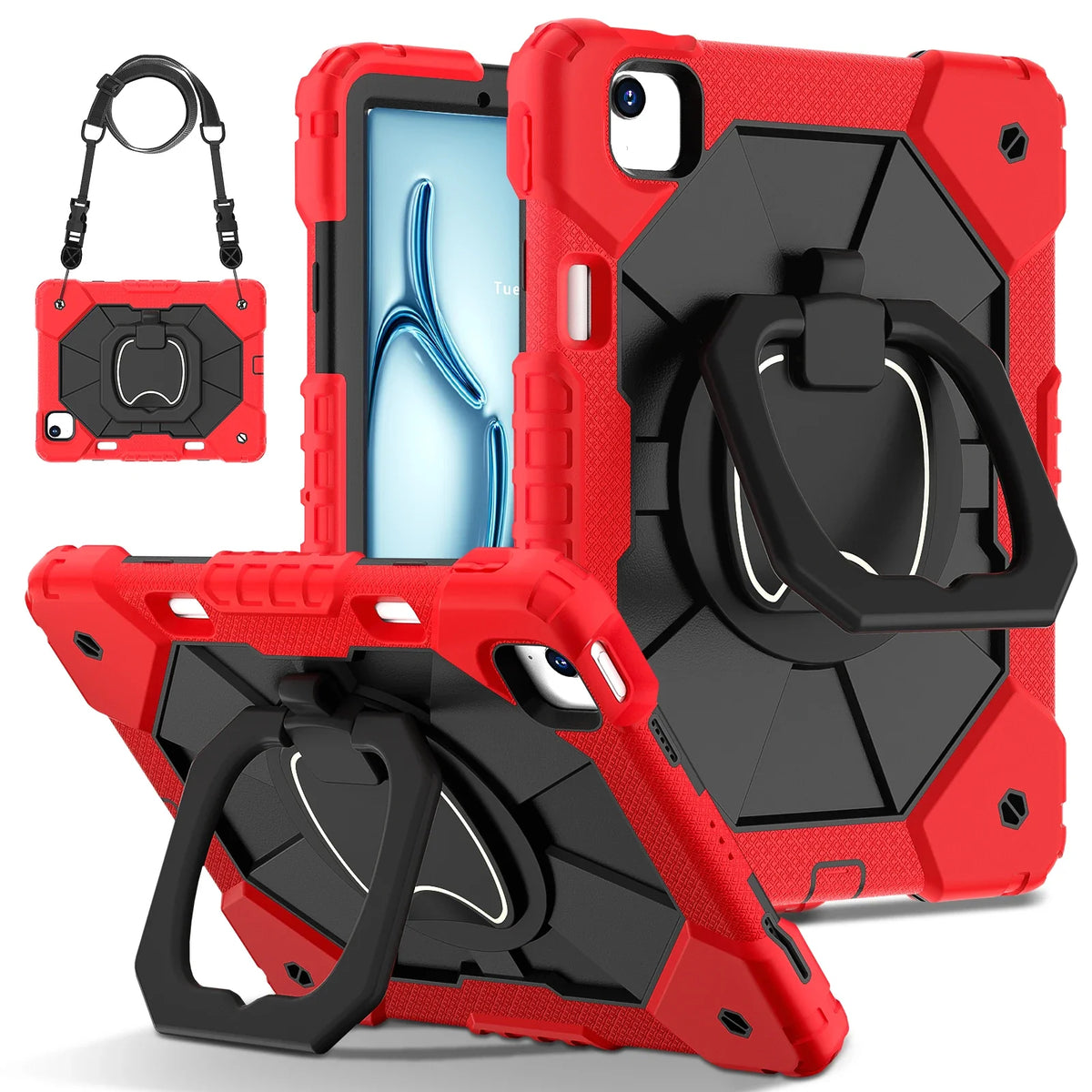Triple-Layer iPad Protective Case with 360° Rotating Hand Grip, Integrated Kickstand & Shoulder Strap | Tempered Glass Screen Protector | Thomler