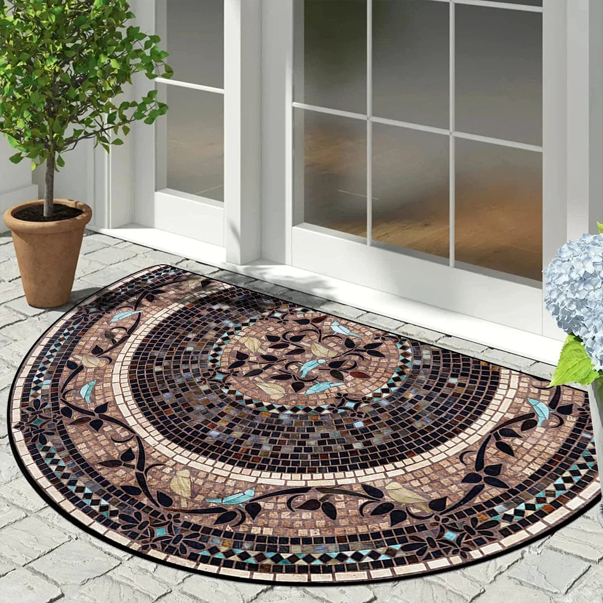 Half Circle Entryway Mat – Non-Slip Outdoor Rug with Vintage Patchwork Floral Geometric Print for Patio, Front Door, Balcony & | Thomler