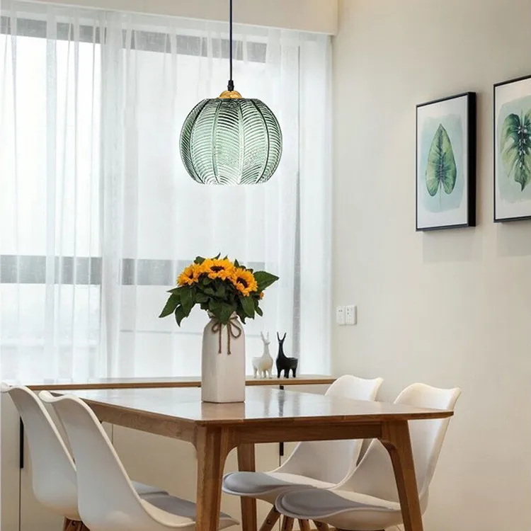 Pendant Light Glass Leaf Pattern E27 Green Dining Room Kitchen Island Hanging Ceiling Fixture Nordic Style | Thomler