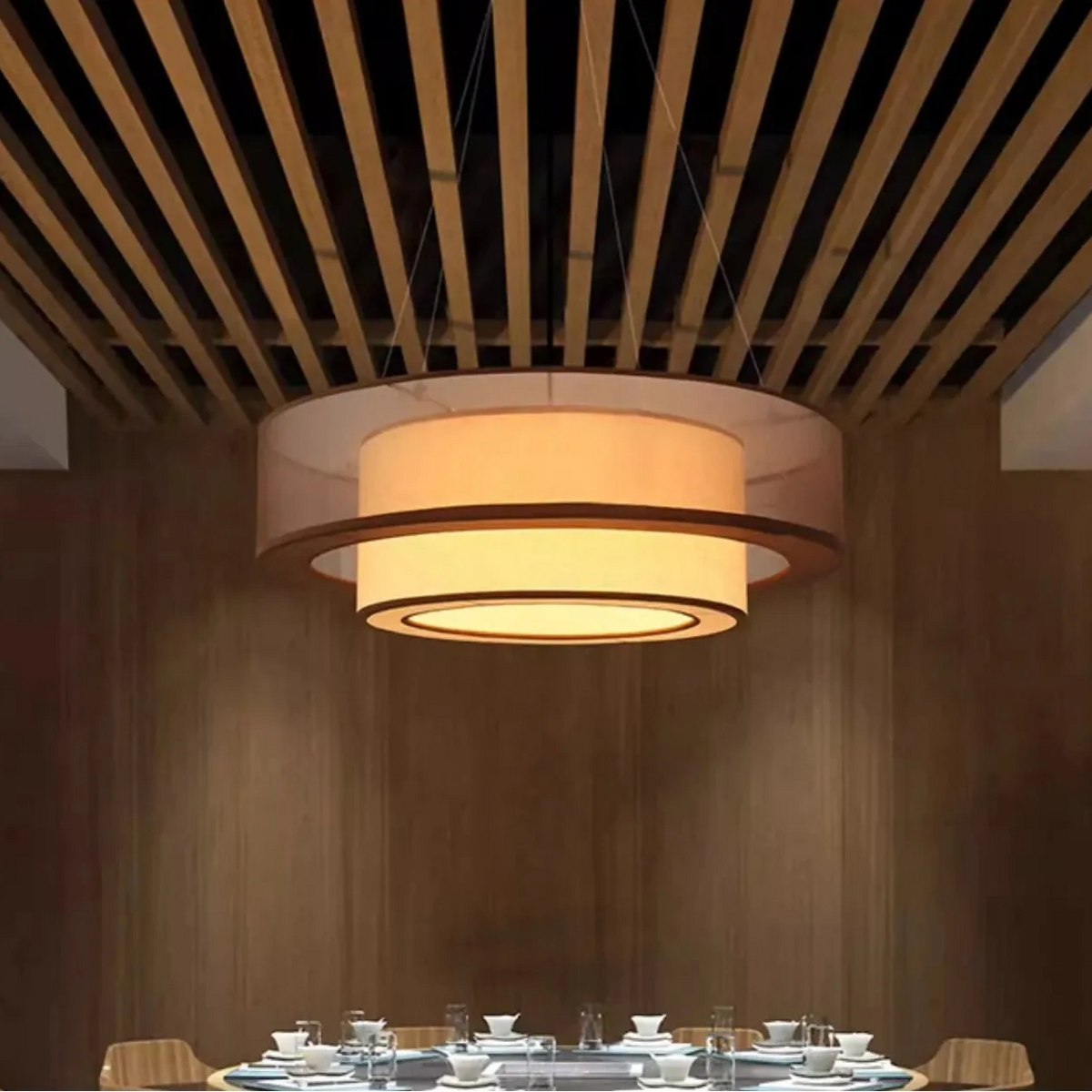 Layered Fabric Drum Pendant Light – Soft Glow Dining & Bedroom Ceiling Fixture in 20, 24 or 31 Inch | Thomler
