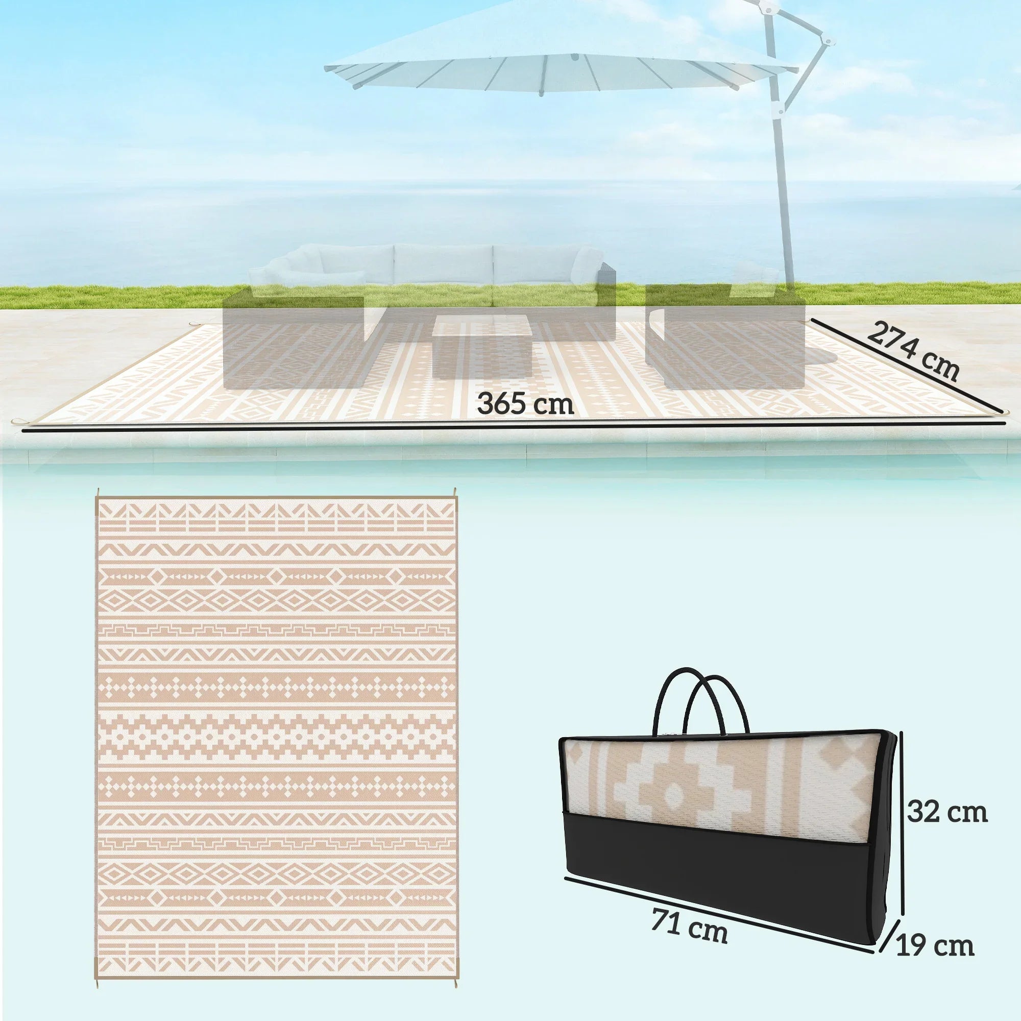 Outdoor Rug Polypropylene 365.0 x 274.0 cm Khaki Beige Patio Camping Reversible Garden Picnic Beach Mat | Thomler