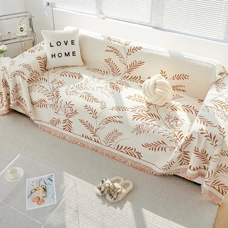 Chenille Jacquard Leaf Sofa Throw Blanket with Non-Slip Backing | Scratch-Resistant Textured Furniture Cover for Couch Protection | Thomler